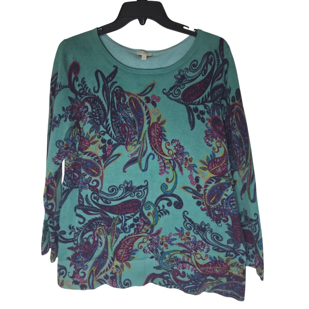 Talbots Womens Teal Blue Paisley Print 100% Cotton Knit Pullover Sweater Small